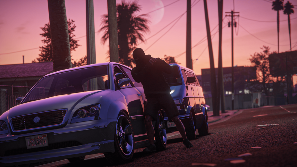 A scene from on FiveM server during a vibrant sunset, enhanced with a retro aesthetic.