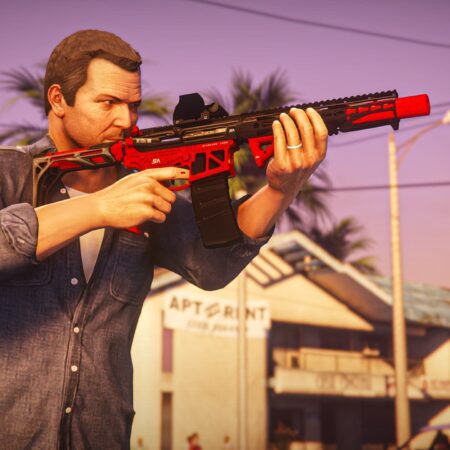 A character with a new, top-notch weapon after applying cheats
